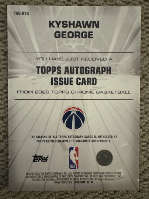 Topps 2025-26 Chrome Autograph Issue Kyshawn George #TAU-KYG Wizards NBA