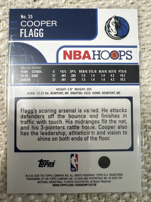 2026 Topps NBA Hoops Cooper Flagg #35 Green Foil SP Mavericks RC ROY!!