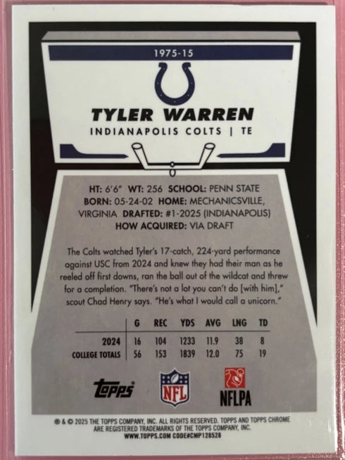 Topps 2025 Chrome Tyler Warren #1975-15 Colts 1975 Topps Refractor RC