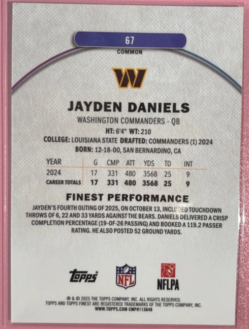 Topps Finest X-fractor Jayden Daniels #67 Washington Commanders 2025 /150