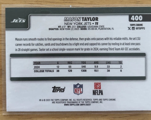 2025 Topps Chrome Mason Taylor RC Aqua Wave Refractor #/199 JETS