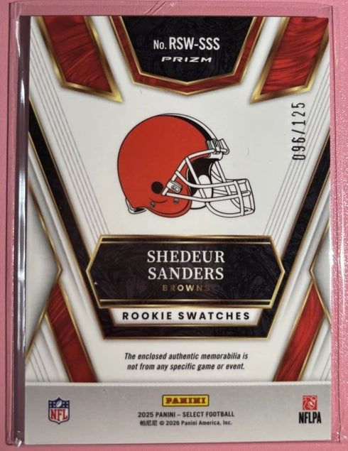 SHEDEUR SANDERS 2025 Select ROOKIE SWATCHES PRIZM RED #4 CLEVELAND BROWNS /125