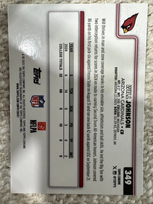 2025 Topps Chrome Sapphire Footbll Will Johnson RC Rookie #349 Cardinals
