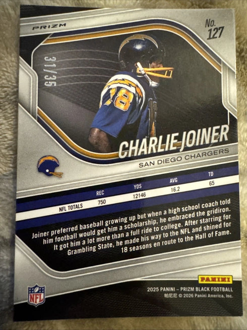 2025 Panini Prizm Black Blue Prizm Charlie Joiner #127 Chargers /35
