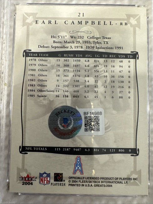 OILERS EARL CAMPBELL SIGNED TRADING CARD #21, PSA/DNA CERTIFIED AUTHENTIC AUTO