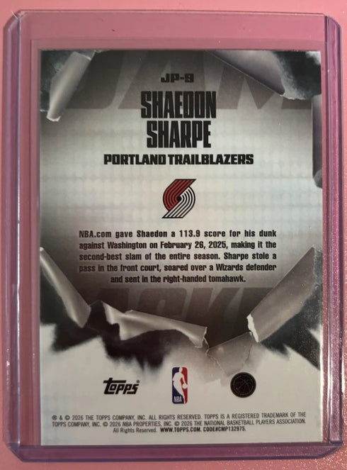 Topps 2026 NBA Hoops Packed Insert JP-9 Shaedon Sharpe Portland Trail Blazers