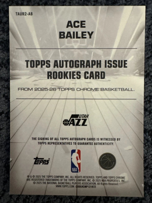 Topps 2025-26 Chrome Autograph Issue Rookies Ace Bailey #TAUR2-AB RC Auto Jazz