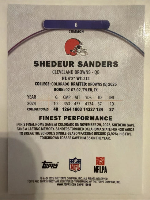 Topps Finest 2025 Shedeur Sanders Rookie Cleveland Browns #6 Finest Performance