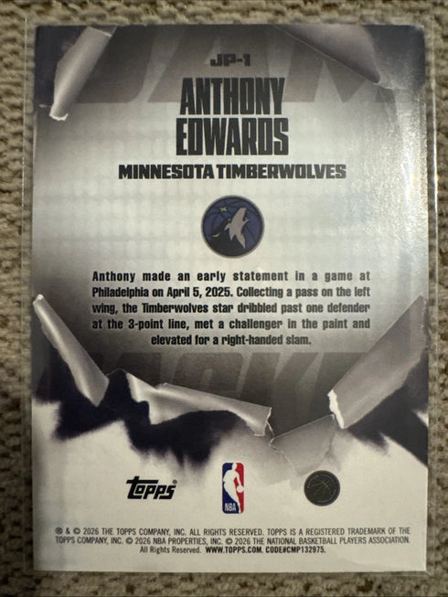 Topps 2025-26 Jam Packed Insert Anthony Edwards Minnesota Timberwolves JP-1