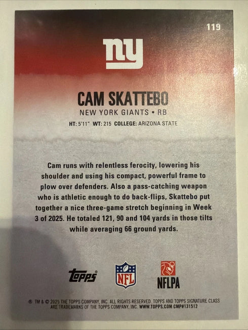 Topps Signature Class Cam Skattebo Giants Rookie 2025 Card #119 Purple & Green