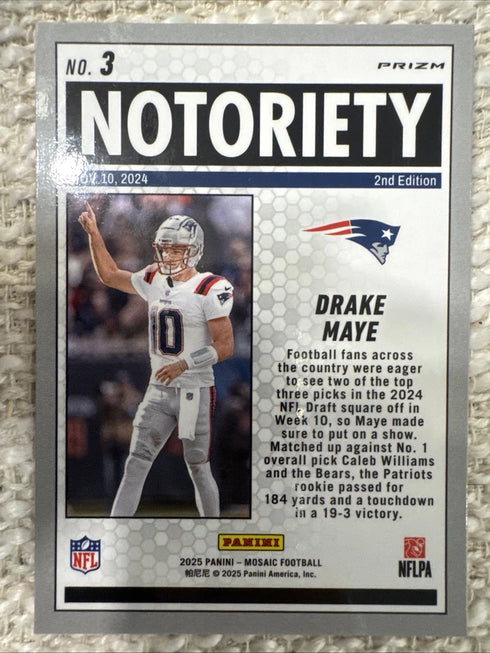 2025 Panini Mosaic - Notoriety Drake Maye #3 Orange Fluorescent Mosaic Prizm