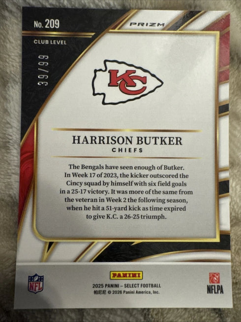 2025 Panini Select - Club Level Harrison Butker #209 Blue Prizm /99