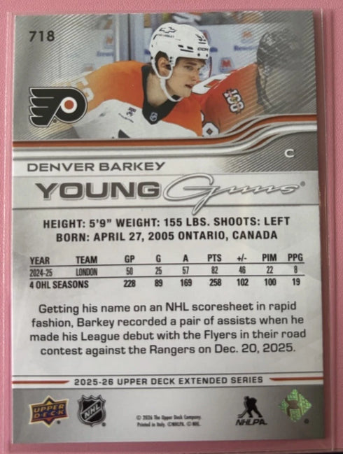 Upper Deck 2025-26 Extended Series Young Guns Denver Barkey Flyers #718 RC