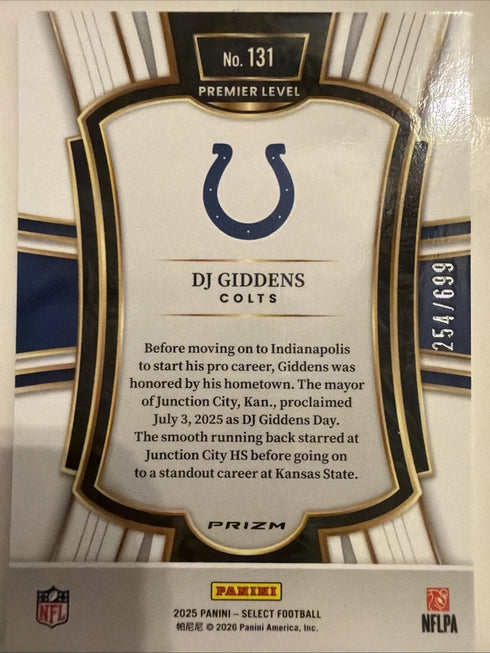 2025 Select DJ Giddens RC /699 PURPLE PREMIER LEVEL PRIZM #131 Colts Rookie