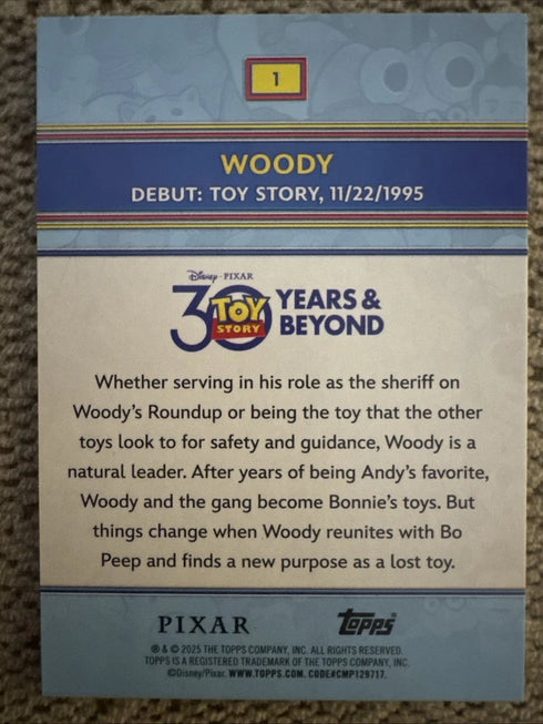 2025 Topps Toy Story 30 Years & Beyond 30th Anniversary Woody #1 Disney Pixar