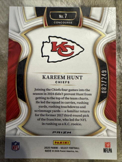 2025 Panini Select # 7 Kareem Hunt Concourse Blue Prizm /249 Kansas City Chiefs