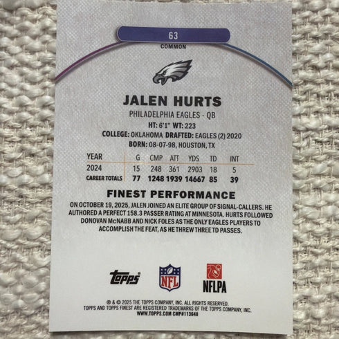 2025 Topps Finest - Jalen Hurts /325 Sky Blue Parallel #63 Philadelphia Eagles