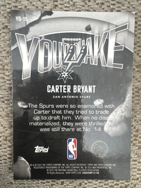 2025-26 Topps Chrome Youthquake Carter Bryant #YQ-15 Rookie RC Spurs