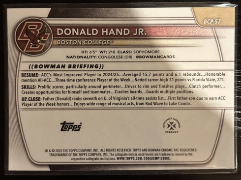 Donald Hand Jr. Bowman Chrome Purple Refractor /250