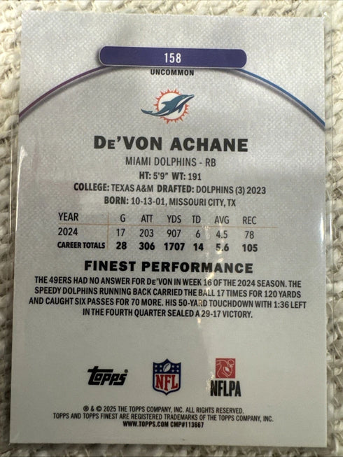 2025 Topps Finest De'Von Achane Uncommon Blue Refractor #158 /150