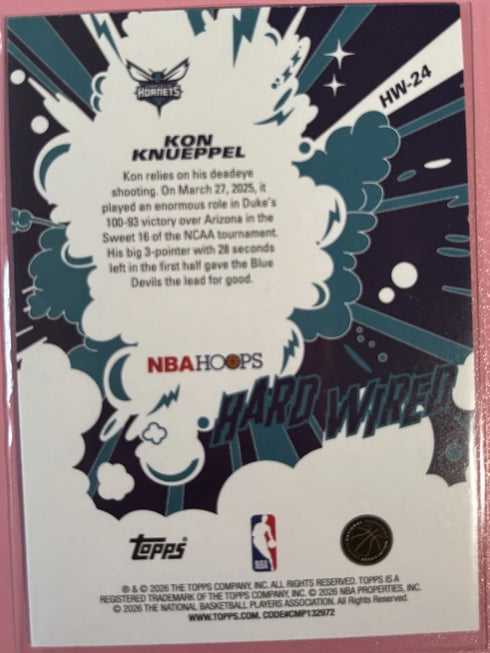Topps NBA Hoops Hard Wired Kon Knueppel Rookie Charlotte Hornets #HW-24