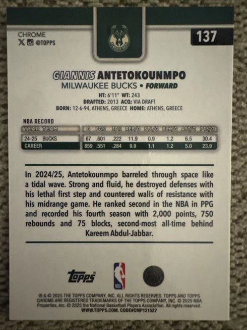 2025-26 Topps Chrome #137 Giannis Antetokounmpo Image Variation