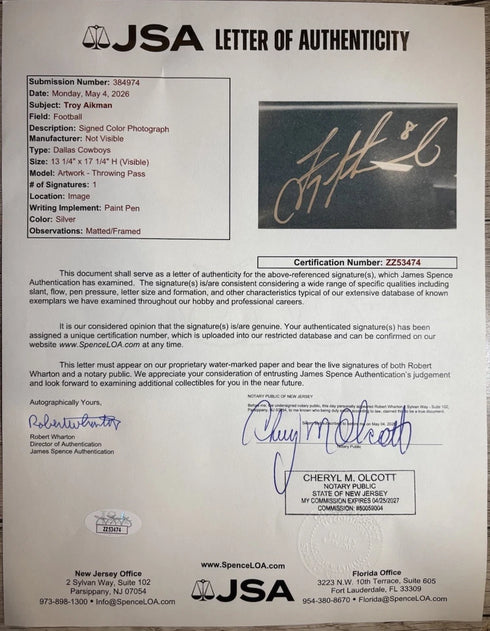Dallas Cowboys Troy Aikman Signed 13x17 Framed Photo JSA Cert