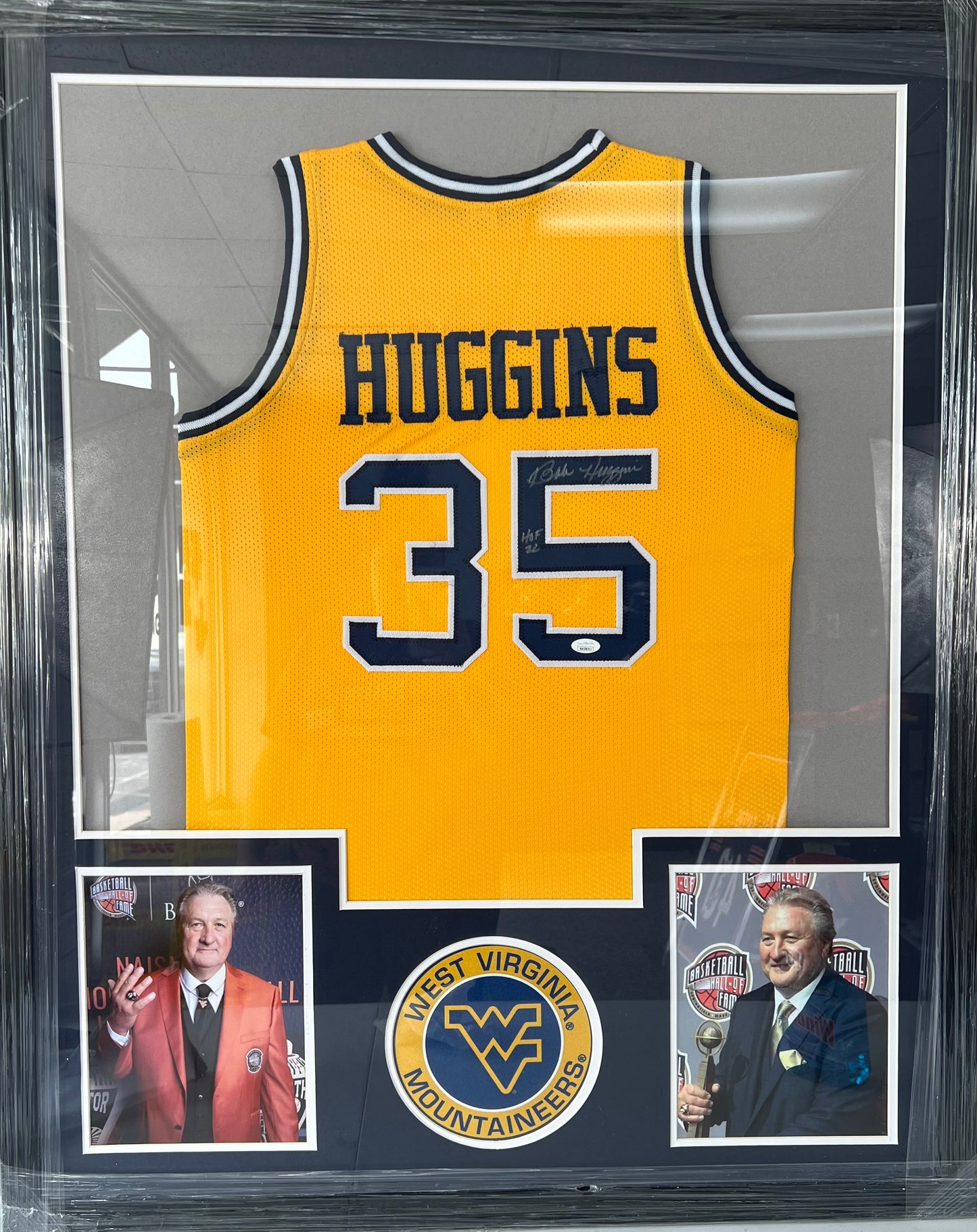 West Virginia Coach bob Huggins Signed/Inscribed Framed Yellow Jersey with JSA COA