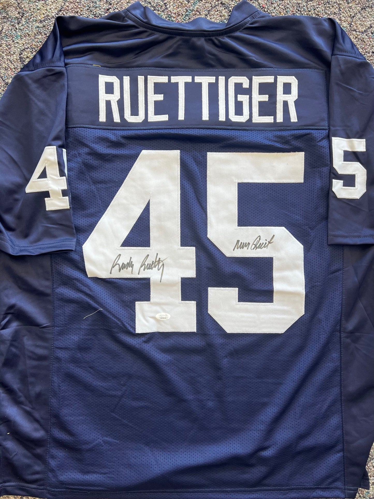 Notre Dame Rudy Ruettiger Signed/Inscribed Blue Jersey with JSA COA