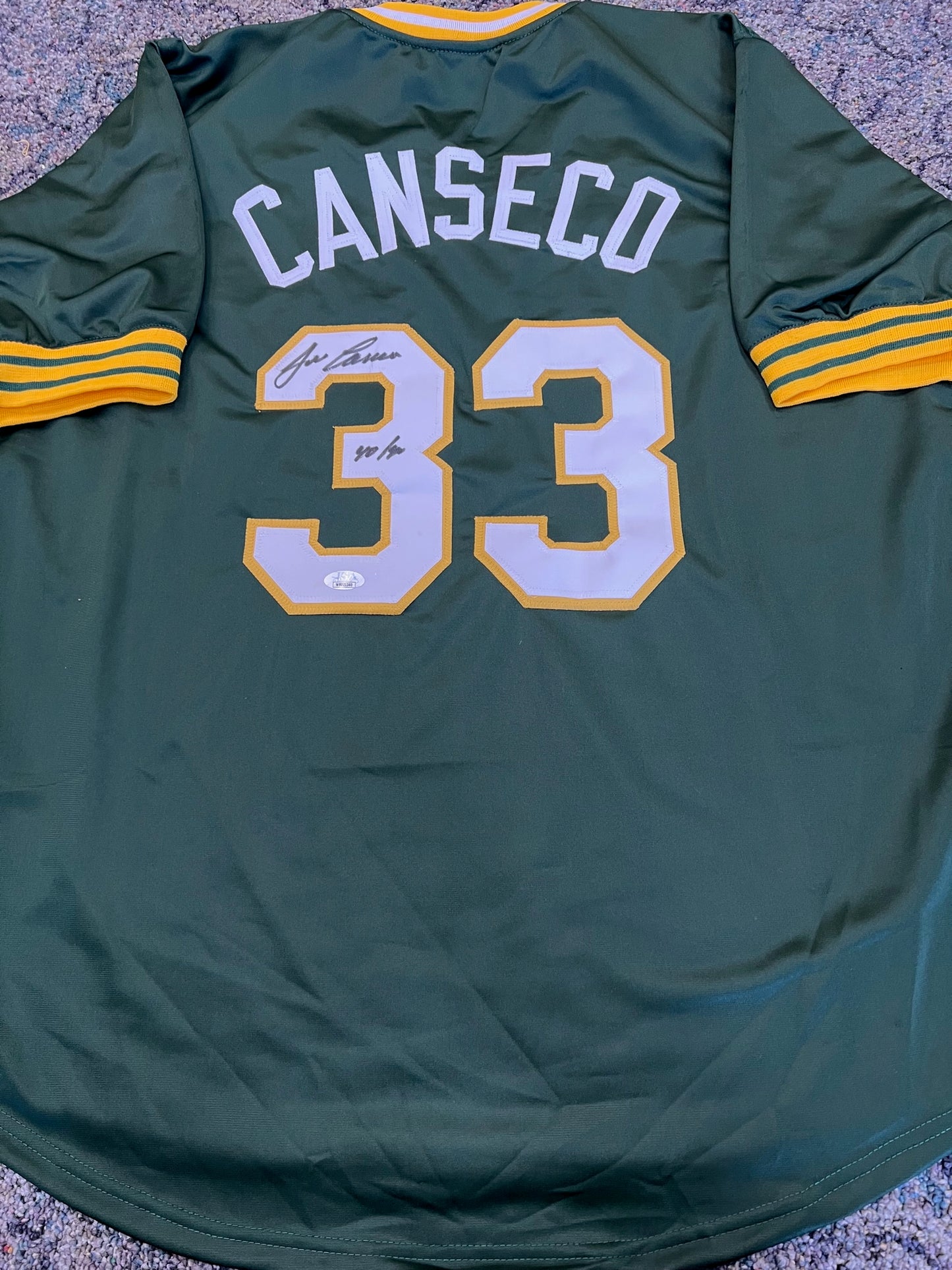 Oakland A's Jose Canseco Signed/Inscribed Green Jersey with JSA COA